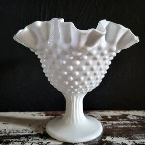 Vtg Fenton White Milk Glass Hobnail Footed Ruffled Edge Candy Dish Compote 6"